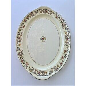Vtg Taylor Smith & Taylor USA Vogue 13" Oval Platter Gold Trim Floral Scrolls